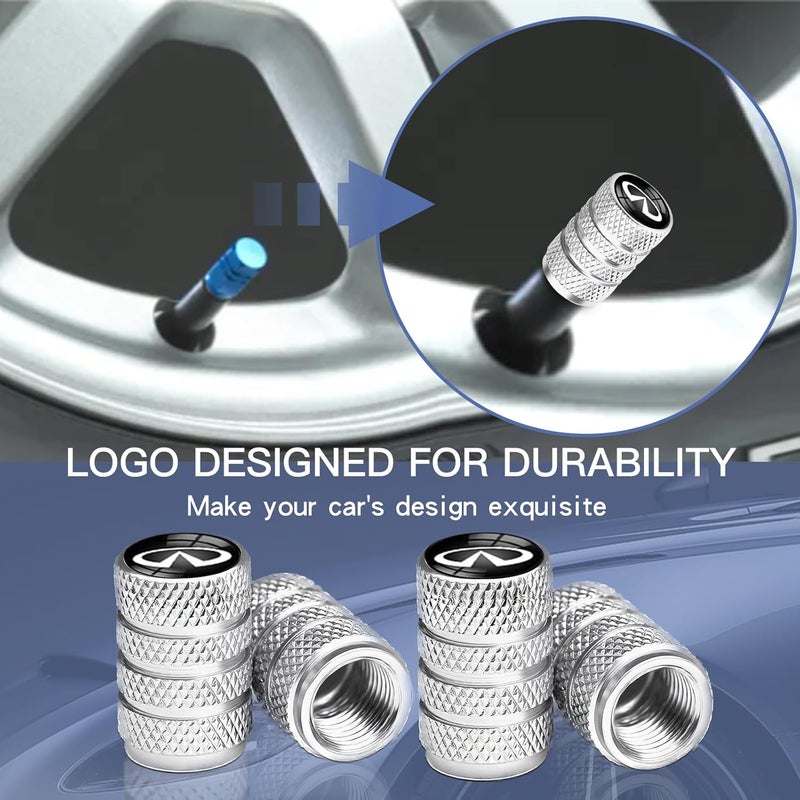 Comburvo 4Pcs Automobile Tire Valve Stem Covers, Corrosion-Resistant Tire Valve Stem Cover Suitable for Infiniti QX50 Q50 Q70 Q70L Q60 QX30 QX60 Infiniti Series Stem Cap Universal Car Valve Cover Silver - Image 3
